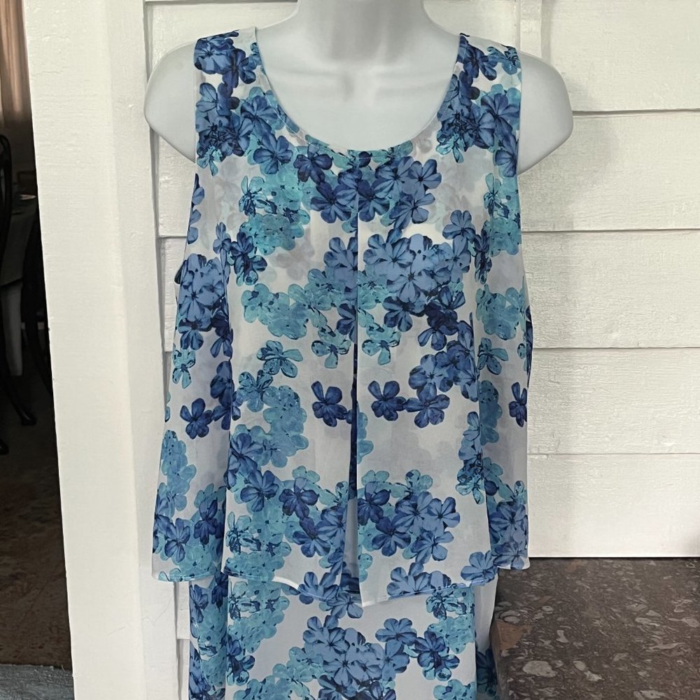 Lex & Madison Sleeveless Sheer Layered Top, Blue and White, Large